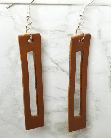 Brown Bar with Cut Out Vegetable Tanned Leather Earrings
