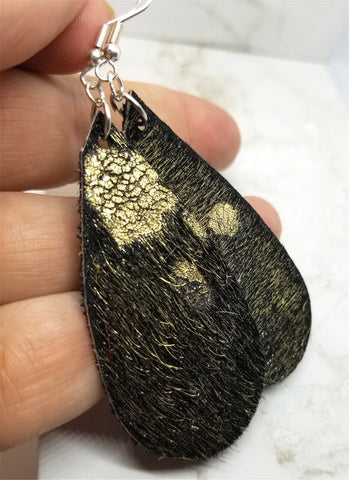 Black and Gold Hair on Hide Leather Tear Drop Earrings