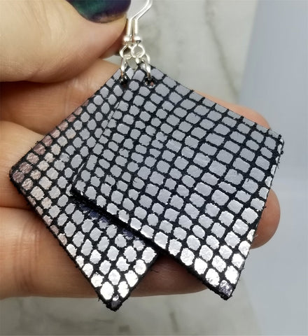 Black and Silver Diamond Shaped Real Leather Earrings