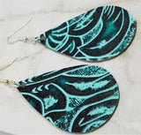 Black and Turquoise Colored Embossed Real Leather Earrings