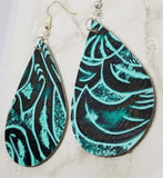 Black and Turquoise Colored Embossed Real Leather Earrings