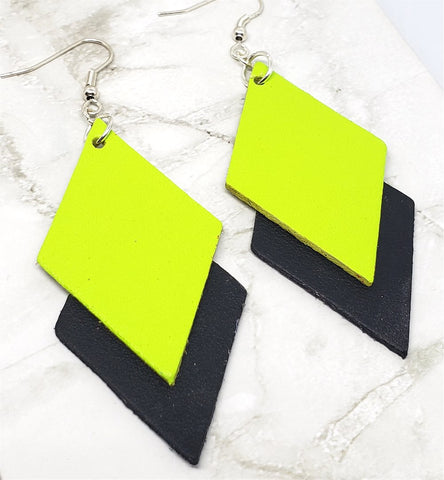 Neon Green and Black Layered Diamond REAL Leather Earrings