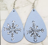 Hand Painted Snowflake on Icy Blue Real Leather Teardrop Shaped Earrings