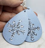 Hand Painted Snowflake on Icy Blue Real Leather Teardrop Shaped Earrings