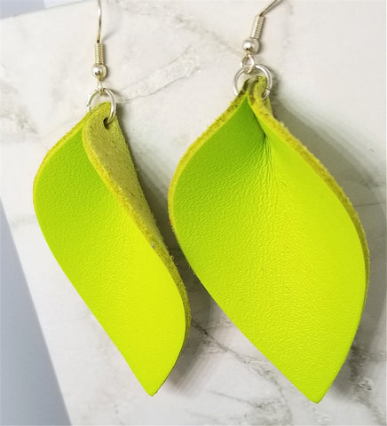 Neon Green Leather Leaf Earrings with Surgical Steel Earwires