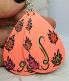 Hand Painted Autumn Foliage on Peach Real Leather Teardrop Shaped Earrings