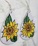 CLEARANCE Hand Painted Sunflower on Gray Real Leather Teardrop Earrings
