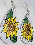 CLEARANCE Hand Painted Sunflower on Gray Real Leather Teardrop Earrings