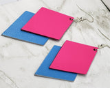 Hot Pink and Electric Blue Layered Diamond REAL Leather Earrings