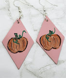 Hand Painted Pumpkin on Dusty Pink Real Leather Diamond Shaped Earrings