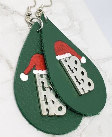 Hand Painted Santa Hat with Metal HoHoHo Embellishment on Green Real Leather Teardrop Shaped Earrings