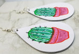 Hand Painted Cactus on White Real Leather Teardrop Shaped Earrings