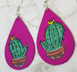 Hand Painted Cactus on Fuchsia Real Leather Teardrop Shaped Earrings