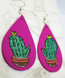 Hand Painted Cactus on Fuchsia Real Leather Teardrop Shaped Earrings