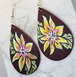 Hand Painted Poinsettia on Brownish Red Real Leather Teardrop Shaped Earrings