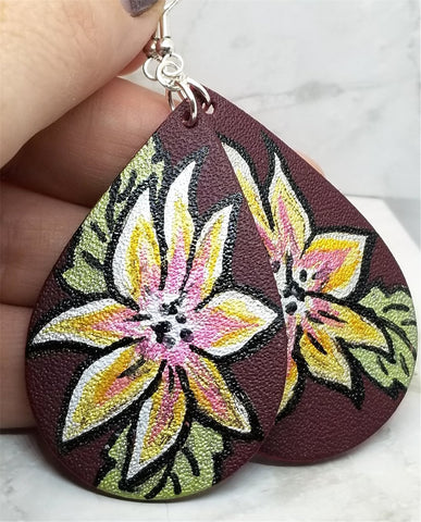 Hand Painted Poinsettia on Brownish Red Real Leather Teardrop Shaped Earrings