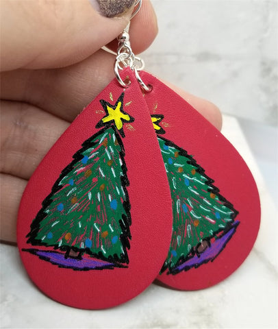 Hand Painted Christmas Tree on Red Real Leather Teardrop Shaped Earrings