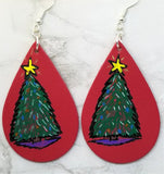 Hand Painted Christmas Tree on Red Real Leather Teardrop Shaped Earrings