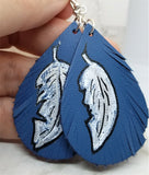 Hand Painted Feather on Fringed Real Leather Blue Teardrop Shaped Earrings