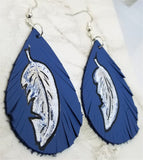 Hand Painted Feather on Fringed Real Leather Blue Teardrop Shaped Earrings