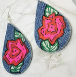 Hand Painted Rose on Denim Real Leather Teardrop Earrings