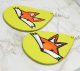 Hand Painted Fox on Lime Green Real Leather Teardrop Shaped Earrings
