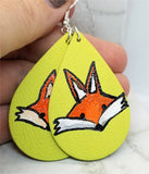 Hand Painted Fox on Lime Green Real Leather Teardrop Shaped Earrings
