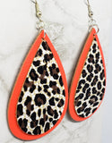 Red Tear Drop Shaped Real Leather Earrings with Leopard Print Faux Leather Overlay