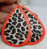 Red Tear Drop Shaped Real Leather Earrings with Leopard Print Faux Leather Overlay