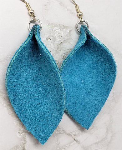 Teal Suede Leather Leaf Earrings with Surgical Steel Earwires