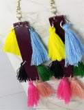 Purple Rectangular Strip Real Leather Earrings with Colorful String Tassels