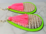 Neon Green Tear Drop Real Leather Earrings with Gold Striped Leather and Neon Pink Colored String Tassels