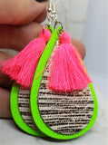 Neon Green Tear Drop Real Leather Earrings with Gold Striped Leather and Neon Pink Colored String Tassels