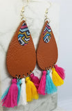 Brown Tear Drop Shaped Real Leather Earrings with String Tassels and Graffiti Style Metal Overlay