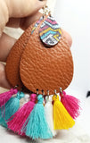 Brown Tear Drop Shaped Real Leather Earrings with String Tassels and Graffiti Style Metal Overlay