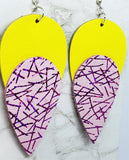 Yellow Tear Drop Shaped Real Leather Earrings with a Fuchsia Lined Sparkle Real Leather Teardrop Overlay