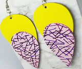 Yellow Tear Drop Shaped Real Leather Earrings with a Fuchsia Lined Sparkle Real Leather Teardrop Overlay