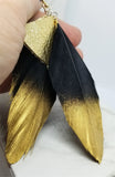 Metallic Gold Fan Shaped Leather Earrings with Black and Gold Feathers