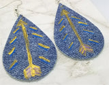 Hand Painted Southwestern Arrow on Denim Real Leather Teardrop Earrings
