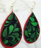 Red Suede Leather Teardrops with Black and Green Scrolling Real Leather Teardrop Overlay Earrings