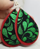 Red Suede Leather Teardrops with Black and Green Scrolling Real Leather Teardrop Overlay Earrings