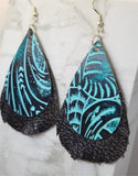 Black and Turquoise Colored Embossed Real Leather with Fringed Chocolate Brown Real Leather Earrings