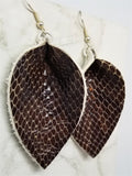 Brown Snakeskin Teardrop Leaf Shaped Real Leather Earrings