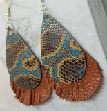Brown and Turquoise Snakeskin Patterned Real Leather with Fringed Brown Real Leather Earrings