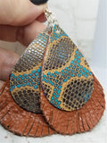Brown and Turquoise Snakeskin Patterned Real Leather with Fringed Brown Real Leather Earrings