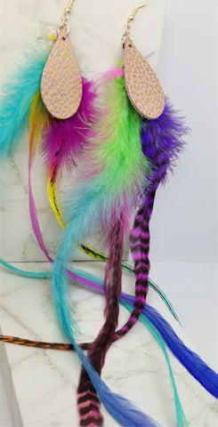 Crazy Long Colorful Feather Earrings with Pink and Gold Leather Teardrops