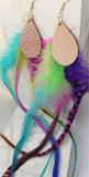 Crazy Long Colorful Feather Earrings with Pink and Gold Leather Teardrops