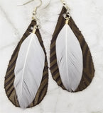 Brown Embossed Teardrop Shaped REAL Leather Earrings with White Feather Overlay