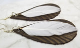 Brown Embossed Teardrop Shaped REAL Leather Earrings with White Feather Overlay
