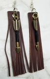 Brown Fringed Leather Rectangle Strip Earrings with Arrow Charm